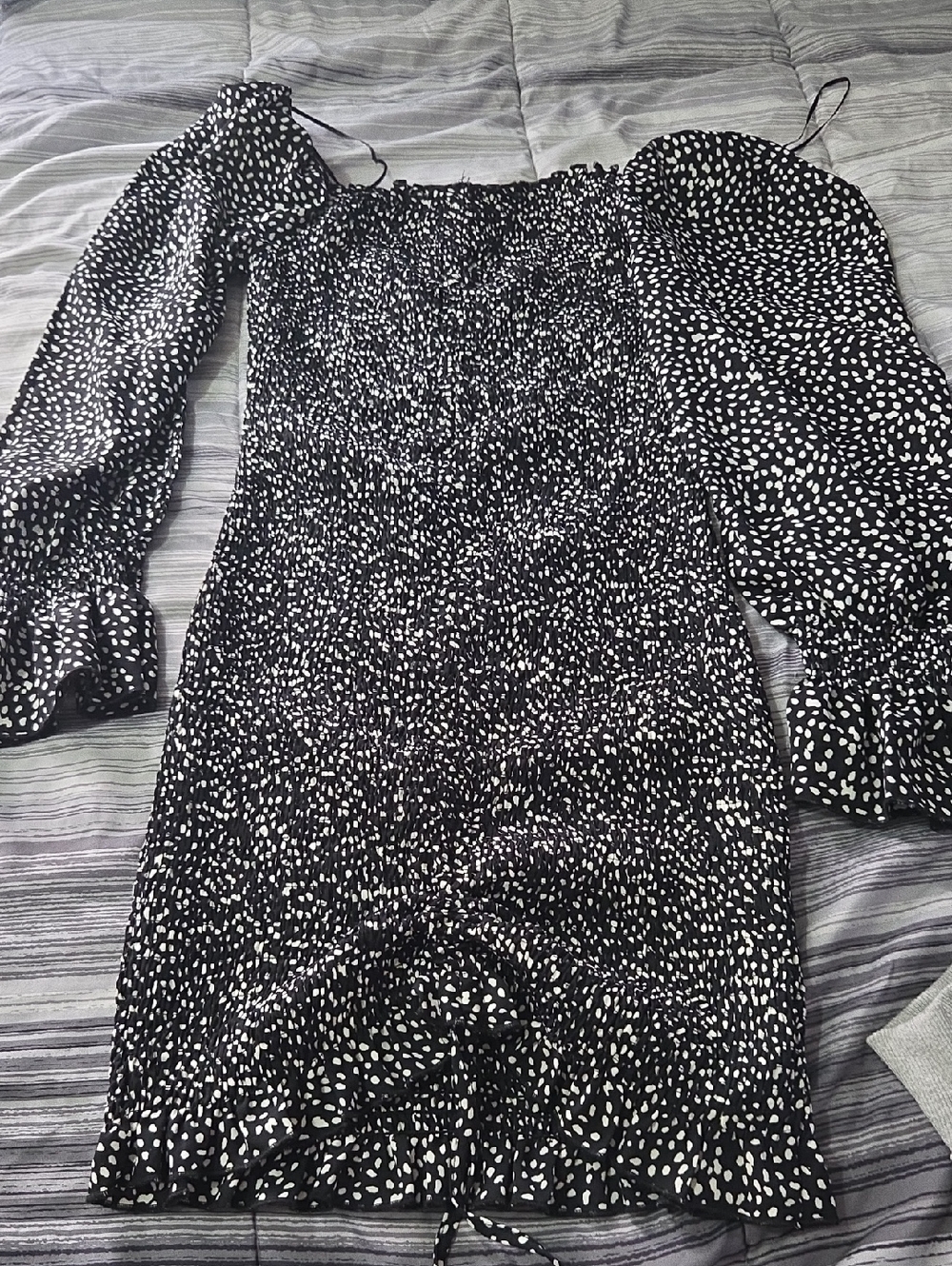 Black and White Smocked Off-Shoulder Mini Dress